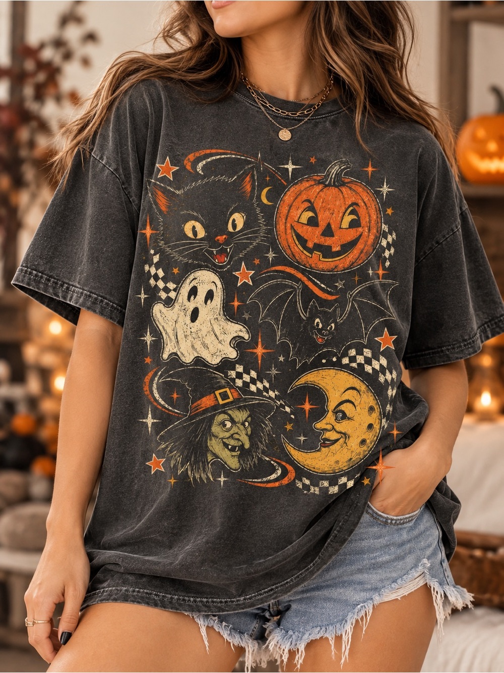 Black Halloween Icons Shirt Pumpkin Witch Ghost Comfort Colors Graphic Tee